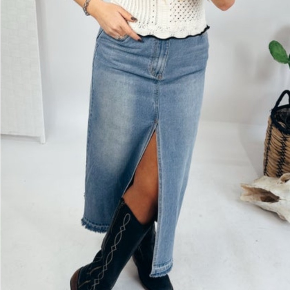Denim Maxi Skirt with Front Slit